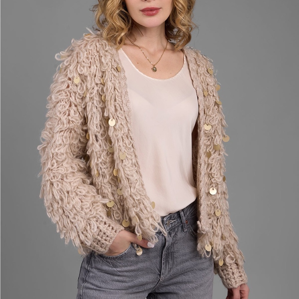 SAACHI Cream Textured Cardigan with Gold Accents